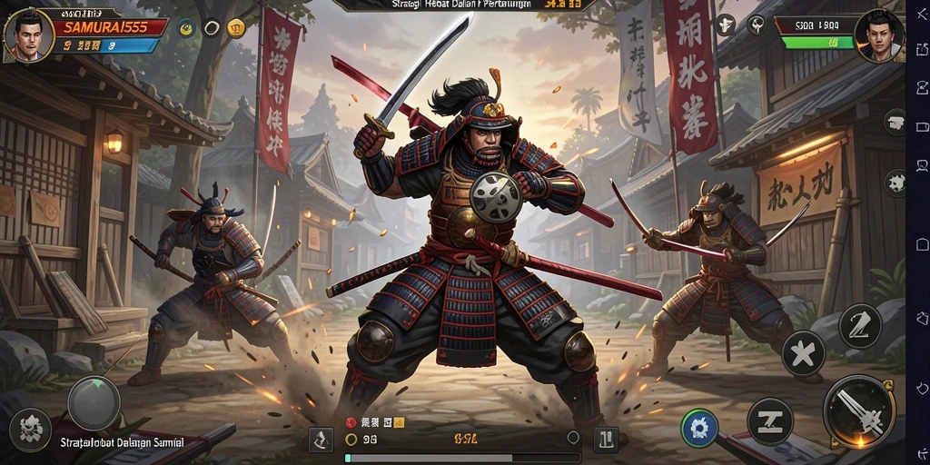Screenshot gameplay SAMURAI555 menampilkan aksi pertarungan strategis samurai.
